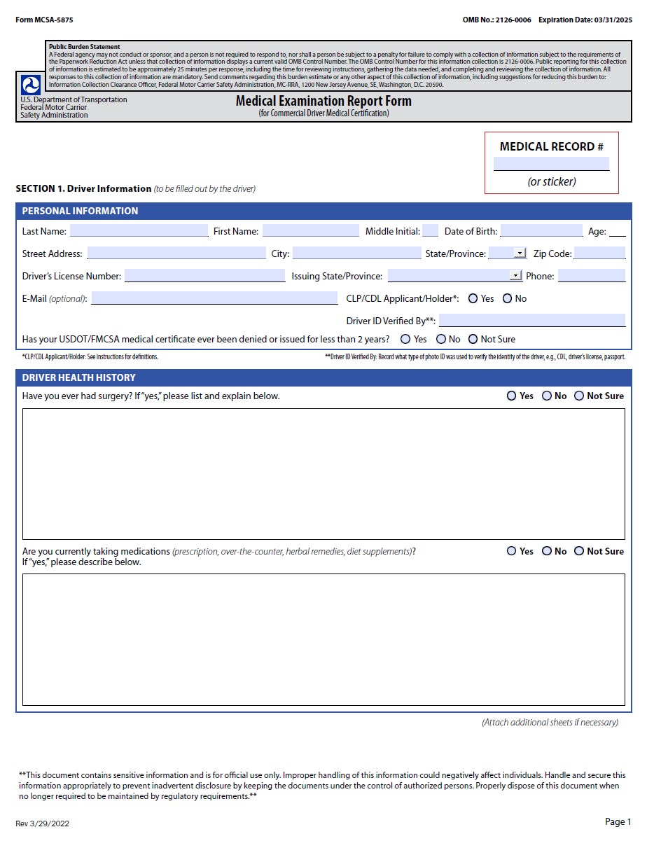 Medical Examination Report Form MCSA-5875