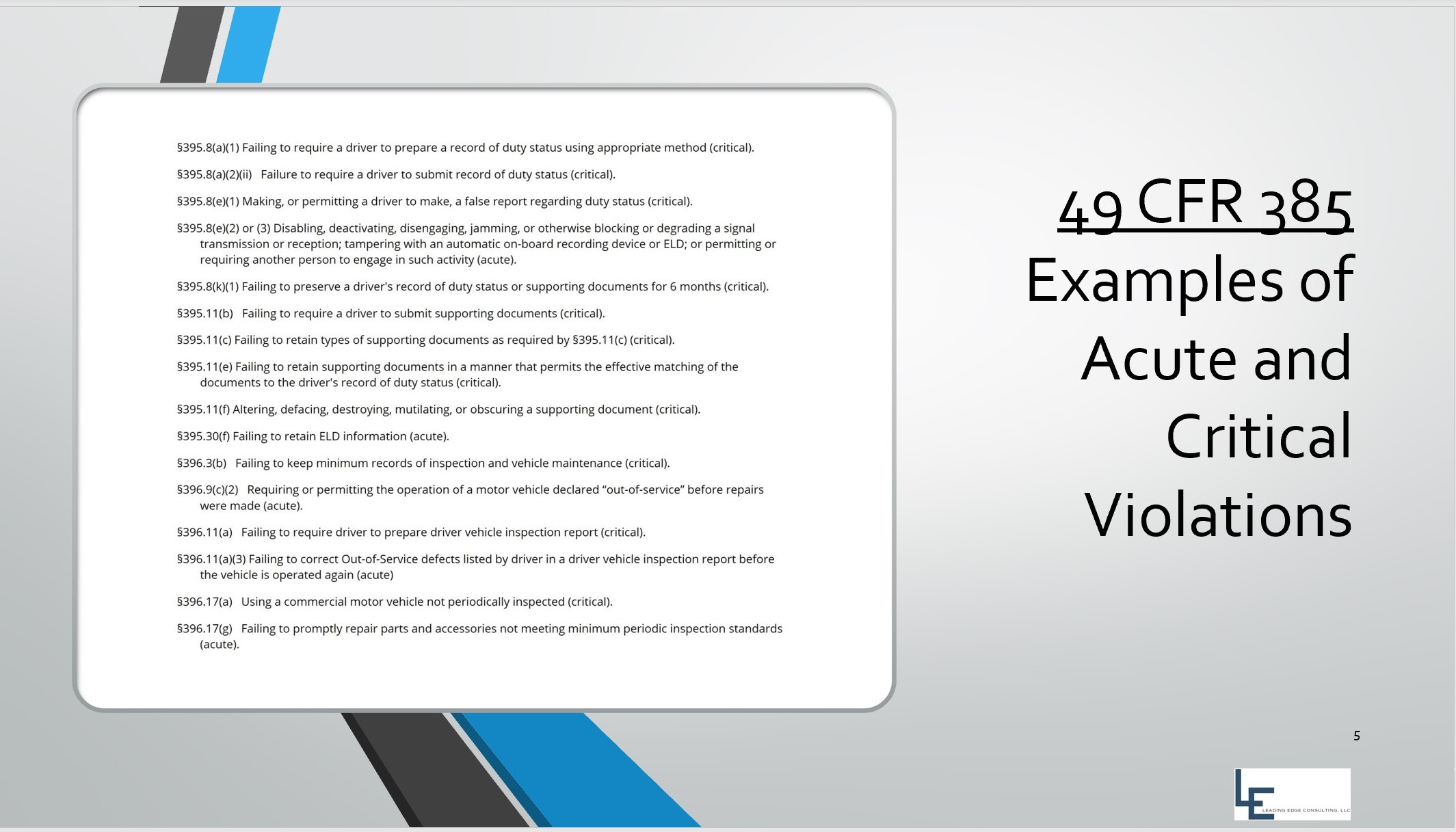 49 CFR 385 - Acute and Critical Violations - Example