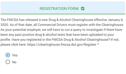 Drivers indicate within A-Suite if they are registered with the Clearinghouse.